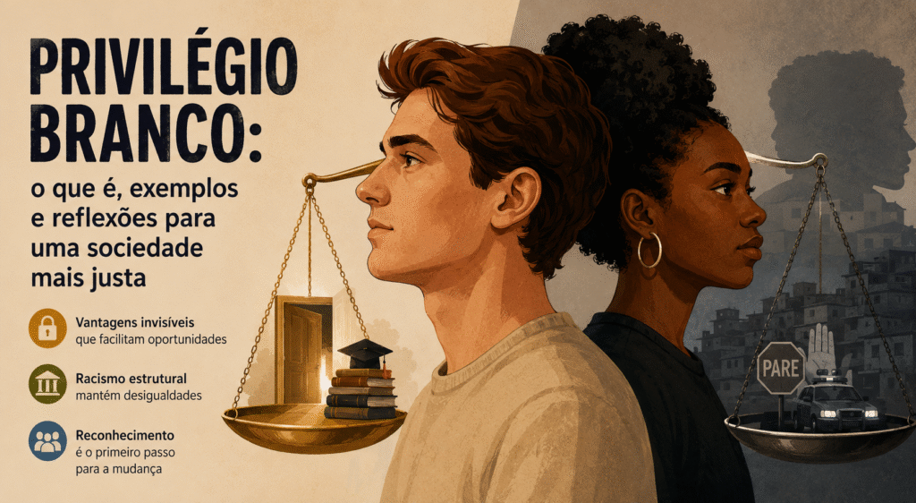 Ilustração sobre privilégio branco com uma pessoa branca e uma pessoa negra lado a lado, acompanhadas de balanças simbólicas representando desigualdades raciais, oportunidades e racismo estrutural.