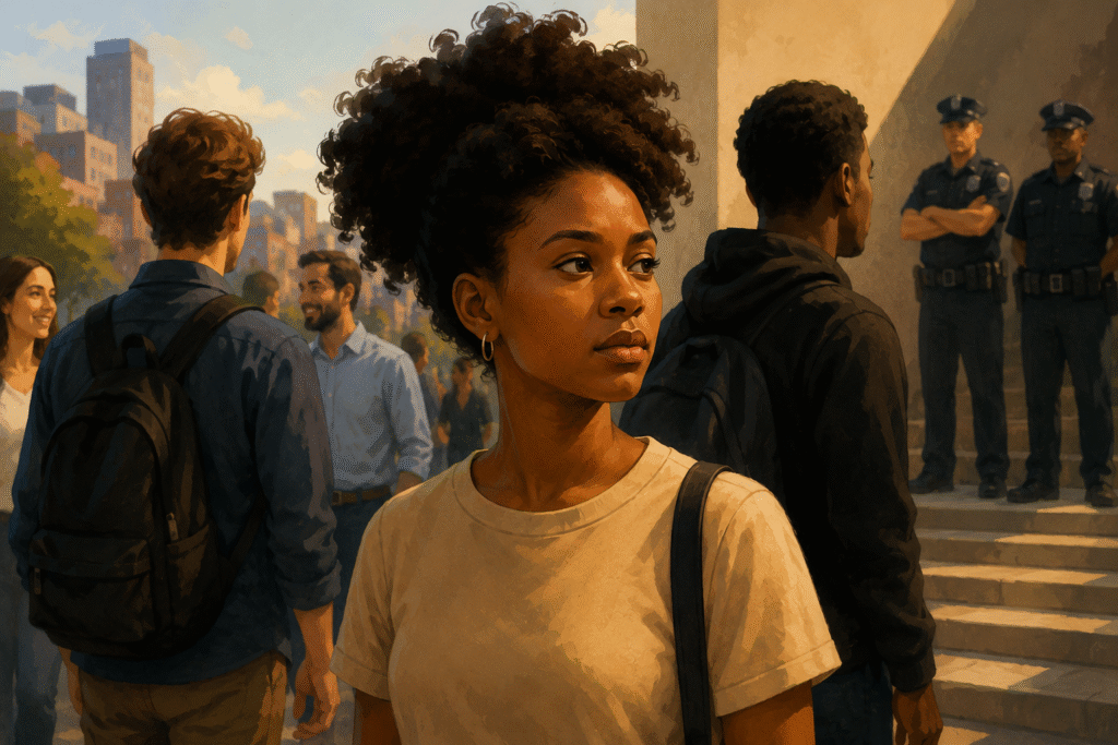 Ilustração horizontal mostrando uma mulher negra em primeiro plano em um ambiente urbano, cercada por pessoas de diferentes perfis sociais. Ao fundo, agentes policiais observam a cena, enquanto outros indivíduos circulam normalmente pelo espaço público. A imagem simboliza desigualdades raciais, vigilância seletiva, pertencimento social e os debates sobre privilégio branco e racismo estrutural.