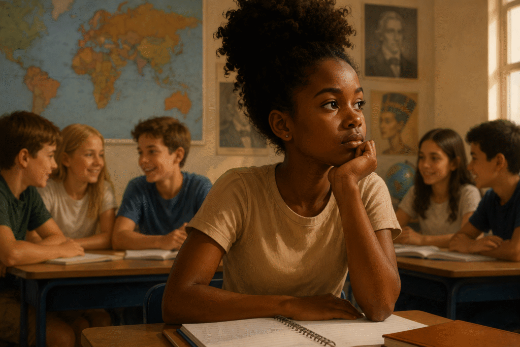 Estudante negra em sala de aula observando ao redor enquanto colegas conversam ao fundo, em ilustração sobre desigualdade racial, representatividade e educação antirracista.